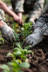 Active service members and veterans planting a community garden, symbolizing growth and rehabilitation.