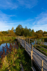 Customized, Homemade pedestrian bridge across the river. Autumn landscape.