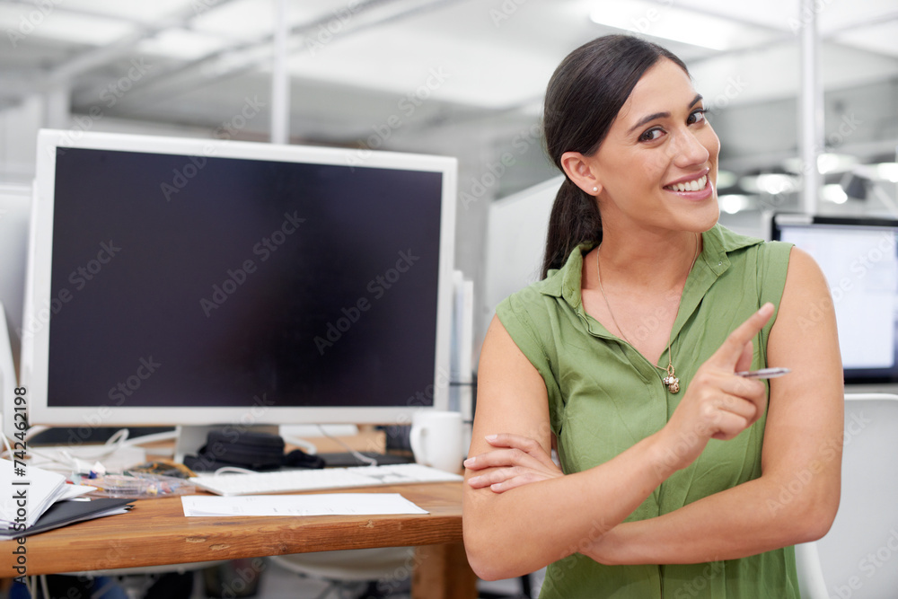 Aufkleber business, woman and computer screen smiling while pointing. pc with mockup space female person in wo