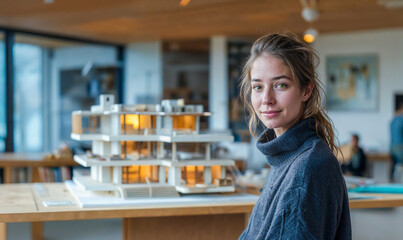 jeune femme architecte à côté d'une maquette de chalet en bois
