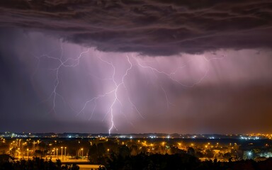 Lightning thunderstorm flash over the night sky. Hurricane, typhoon, tornado, storm.