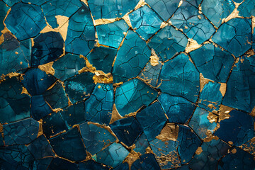a background with glass bricks and gold pieces, in the style of dark azure and turquoise - obrazy, fototapety, plakaty