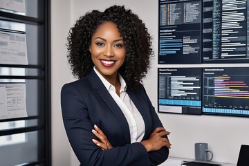 African American IT director leaning back in leather chair with smartphone in one hand scrutinizing camera, awards displayed on bookshelf. - obrazy, fototapety, plakaty