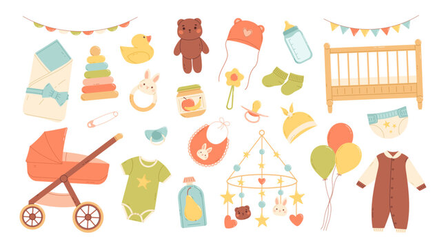 Baby shower set. Items for baby care. Flat vector isolated illustration