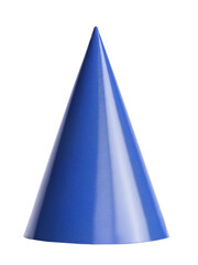 Blue solid paper party hat, standing cutout on transparent background.