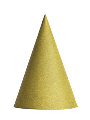 Golden mat glitter paper party hat, standing cutout on transparent background.
