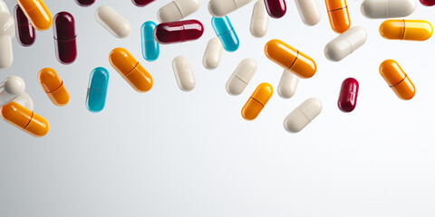 Multicolored tablets in the air on a neutral background depicting healthcare, pharmaceuticals, and modern medical concepts with clean, minimalist design.