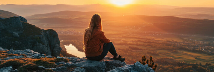 Young woman sitting on a ledge of a mountain and enjoying the beautiful sunset over a wide valley.	

