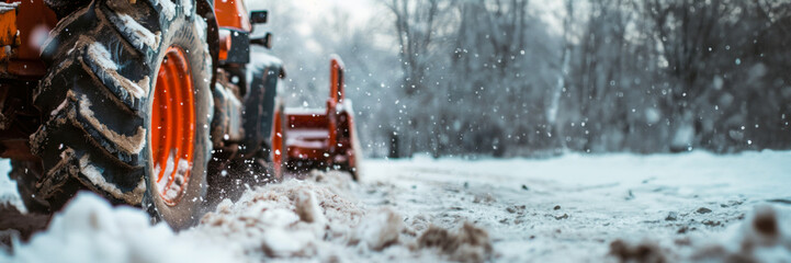 Red tractor with a snow plow attachment working on snow removal on a road close-up. Banner with...