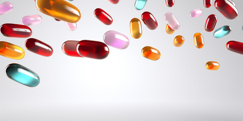 Multicolored jelly coated tablets in the air on neutral background depicting healthcare, pharmaceuticals, modern medical concepts with clean, minimalist design.