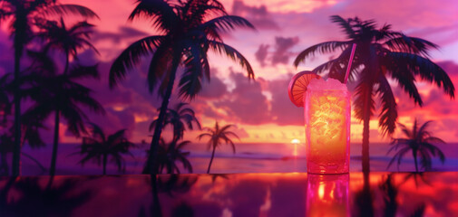 Sunset Cocktail Elegance. A glass of iced drink against a backdrop of tropical palms and a warm sunset