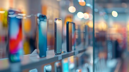 Modern smartphones on display. The image shows a row of contemporary mobile phones lined up in a store with a blurred background, highlighting the sleek designs and advanced technology. - obrazy, fototapety, plakaty