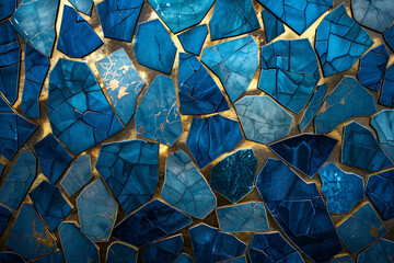 blue art wallpaper with a gold tile background, in the style of glass fragments art, high detailed, cracked, dark turquoise and light bronze, shaped canvas, mosaic-like