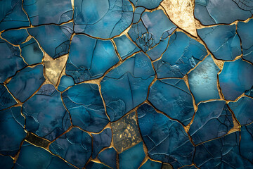 blue art wallpaper with a gold tile background, in the style of glass fragments art, high detailed, cracked, dark turquoise and light bronze, shaped canvas, mosaic-like