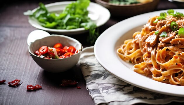 spicy tuna pasta on table