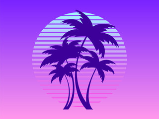 Fototapeta na wymiar Retro futuristic palm trees in 80s style at sunset. Summer time, palm trees on the background of the sun, synthwave style. Design for advertising brochures and banners. Vector illustration