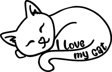 Stylized cat with the writing LOVE MY CAT - vector graphics - black silhouette for websites,, presentations, greetings, banners, cards,, t-shirt, sweatshirt, prints, cricut, silhouette, sublimation


