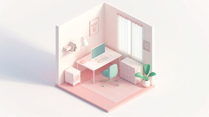 Modern Isometric Home Office Interior Design with Minimalist Furniture and Decorations