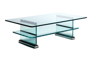 Glass Table With Metal Base. A glass table with a sleek metal base is shown in a bright room, reflecting the surrounding space. The table adds a modern touch to the rooms decor.