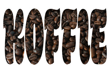 Digital composite illustration. ..The Dutch word “koffee” with an overlay of coffee beans. ..caffeine, drink, beverage, cafe, holland, the netherlands,