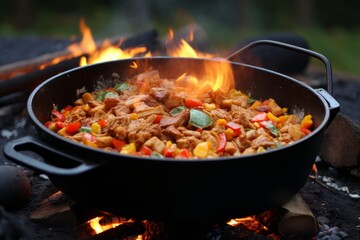 Outdoor cooking delicious food being prepared in a pot over a campfire in the wilderness