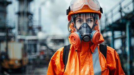 Industrial worker in orange protective suit with gas mask in a manufacturing facility.