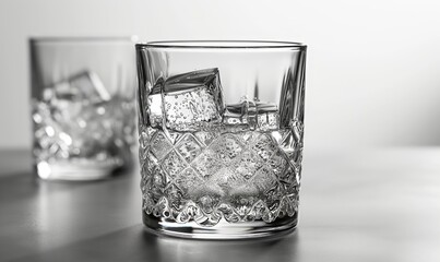 Transparent glass with clear drink and ice cubes.