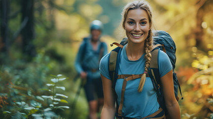 Smiling woman hiking in the forest with companion in the background. Outdoor adventure and leisure activity concept - obrazy, fototapety, plakaty