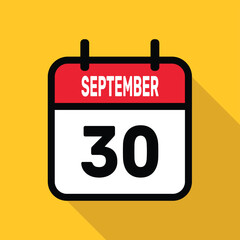 September 30. Calendar icon. Flat vector illustration with long shadow.