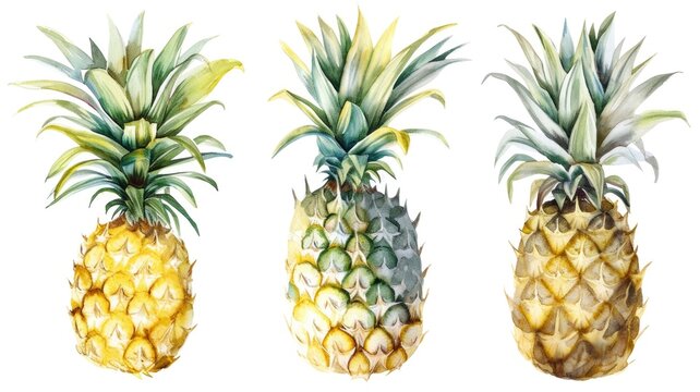 Trio of Watercolor Pineapples on White Background