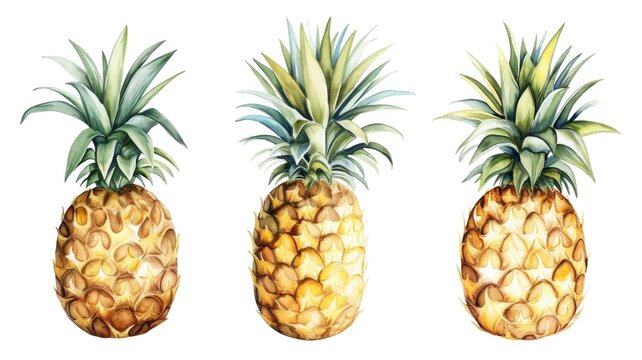 Trio of Watercolor Pineapples on White Background