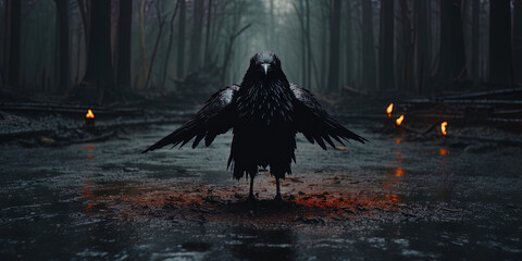 The majestic crow, rising above the dark asphalt in the night, like a symbol of secrets and ridd - obrazy, fototapety, plakaty