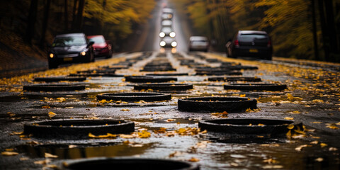 The road lifted by pits and potholes is like a test map through which you have to go in order - obrazy, fototapety, plakaty