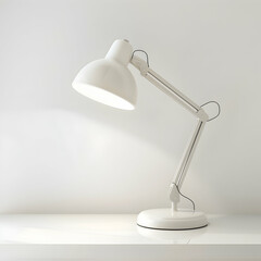 Luminous table lamp on a white desk. White wall for mock up or copy space