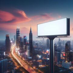 Fototapeta na wymiar Blank advertising billboard LCD advertisement with modern city and nice sky in evening time background