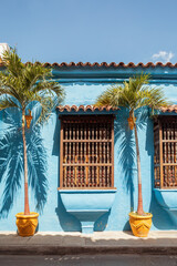 Beautiful building in historic city Cartagena de Indias with beautiful colonial architecture. The...
