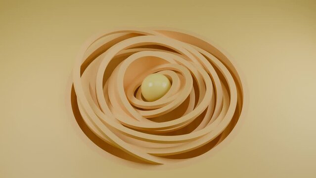 Loop 3d animation. An abstract composition. The ball, the core, is oscillating on the surface. the surface begins to move and splits into chaotically moving rings and hemispheres. Geometric abstractio