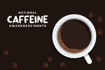 National Caffeine Awareness Month. Area for text. Coffee and coffee beans. cards, banners, posters, social media and more. Brown background. - obrazy, fototapety, plakaty