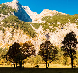 Alpine autumn or indian summer landscape shot with maple tree silhouettes at Grosser Ahornboden,...