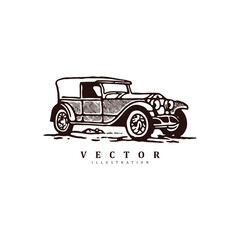 Vintage retro hand drawn engraved antique car vector art illustration