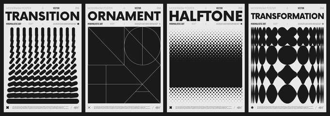 Modern abstract poster collection, vector minimalist posters with geometric shapes in black and white, brutalist style inspired graphics, bold aesthetic, shape distortion effect set 4