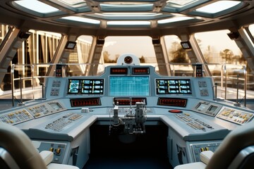 Futuristic spaceship cockpit with advanced control panels, space travel technology concept - obrazy, fototapety, plakaty