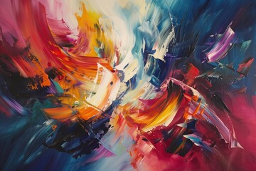 A dynamic abstract painting showcasing bold strokes and a vivid explosion of colors including red, blue, yellow, and white, creating a sense of movement and emotion
