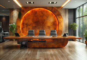 Modern meeting room with designed roof, walls, wooden floor, table and chairs. Created with AI