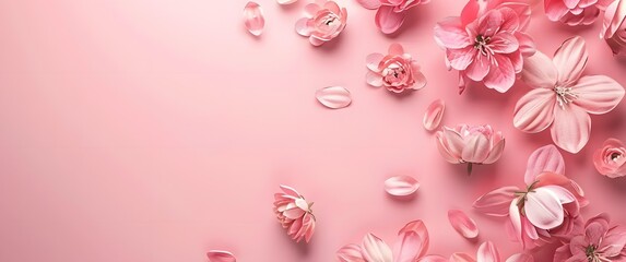 Fototapeta na wymiar Background of pink flowers with empty space for text or greeting card design.