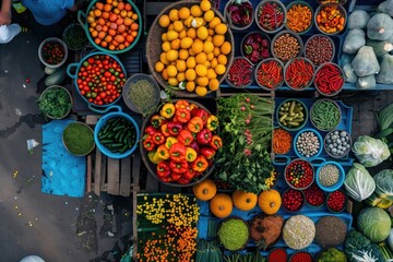 Aerial View of a Colorful Fresh Produce Market Stall