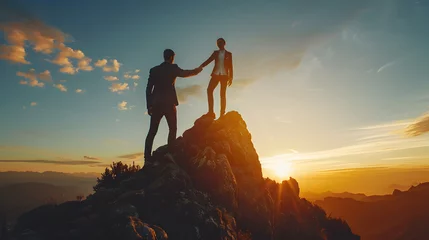 Foto op Aluminium Hiker reaching the top of mountain with raised hands and a brilliant magic hour sunset background, success concept, team work concept © Yuki Liu