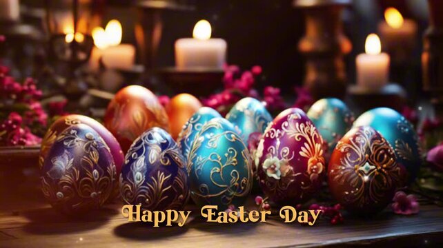 "Happy Easter Day" Text Animation in Vibrant Colors with Decorated Easter Eggs Array Background
