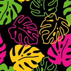 Monstera leaves decorative seamless pattern for textile design, fabric print, digital or wrapping paper, wallpaper, background and backdrop, decoration. Tropical summer holiday theme.