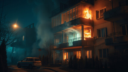 Fire in the house. Windows of the burning house. Burning building in the flames of fire at night - obrazy, fototapety, plakaty